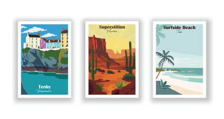 Superstition Mountains, Surfside Beach, Texas, Tenby, Pembrokeshire - Vintage travel poster. Vector illustration. High quality prints