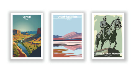 Ulysses S. Grant Memorial, Uyuni Salt Flats, Bolivia, Vernal, Utah - Vintage travel poster. Vector illustration. High quality prints