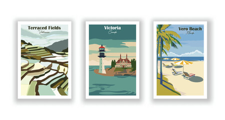Vero Beach, Florida, Victoria, Canada, Vietnamese, Terraced Fields - Vintage travel poster. Vector illustration. High quality prints