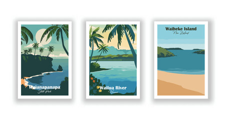 Waianapanapa, State Park, Waiheke Island, New Zealand, Wailua River, Hawaii - Vintage travel poster. Vector illustration. High quality prints