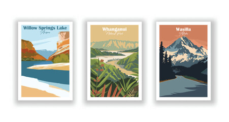 Wasilla, Alaska, Whanganui, National Park, Willow Springs Lake, Arizona - Vintage travel poster. Vector illustration. High quality prints