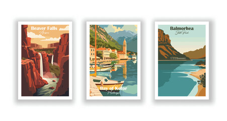 Balmorhea, State Park, Bay of Kotor, Montenegro, Beaver Falls, Arizona - Vintage travel poster. Vector illustration. High quality prints