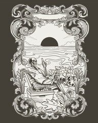 Sketch of a chill skeleton on ornament frame
