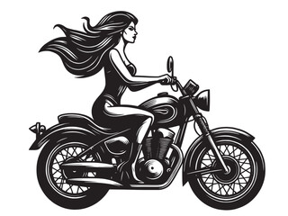 Plakat Beautiful young woman riding a motorcycle. vintage engraving isolated illustration, icon, emblem