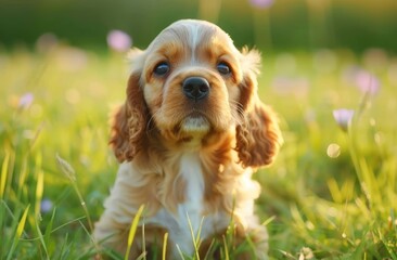 A cocker spaniel puppy is sitting in the grass