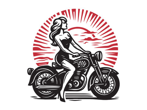 recommend clip art: Beautiful young blonde woman on a motorcycle. Red sunset. vintage engraving isolated illustration, icon, retro emblem