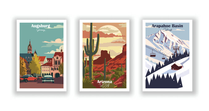 Arapahoe Basin, Colorado, Arizona, USA, Augsburg, Germany - Vintage travel poster. Vector illustration. High quality prints