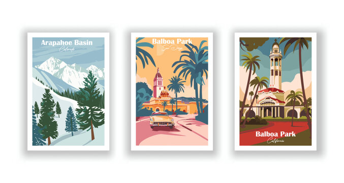 Arapahoe Basin, Colorado, Balboa Park, California, Balboa Park, San Diego - Vintage travel poster. Vector illustration. High quality prints