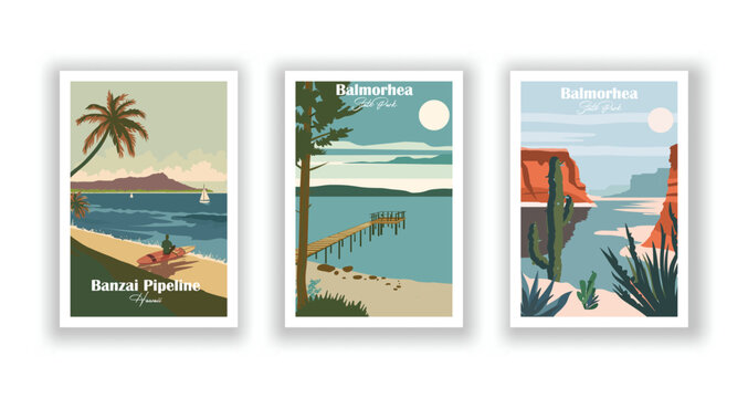 Balmorhea State Park, Balmorhea, State Park, Banzai Pipeline, Hawaii - Vintage travel poster. Vector illustration. High quality prints