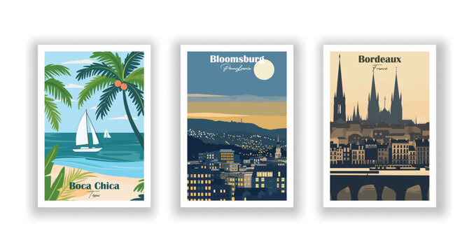 Bloomsburg, Pennsylvania, Boca Chica, Texas, Bordeaux, France - Vintage travel poster. Vector illustration. High quality prints