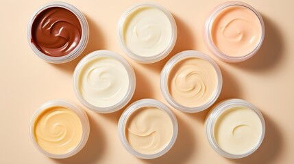 Facial creams sale pictures, beige background, mini plastic tubs, Shades of Beige and brown minimalistic simple and clean 