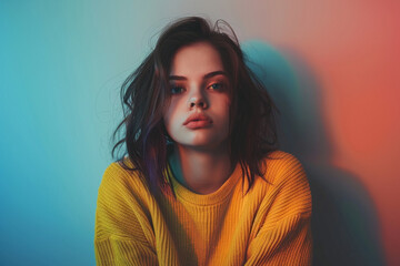 sad young woman isolated bright colors - obrazy, fototapety, plakaty