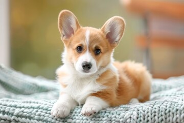 A pembroke welsh corgi puppy with brown and white fur is laying on a blanket