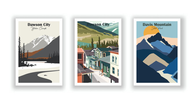 Davis Mountain, State Park, Dawson City, Canada, Dawson City, Yukon Canada - Vintage travel poster. Vector illustration. High quality prints