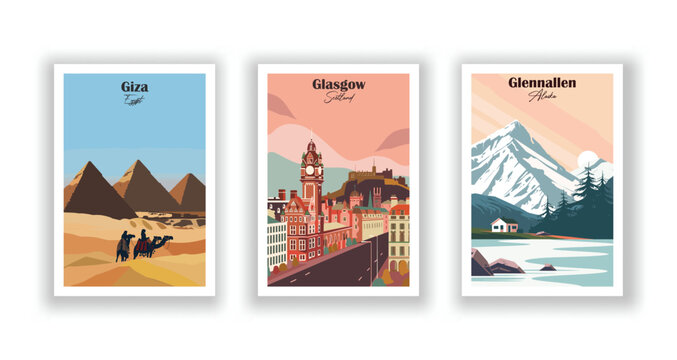 Giza, Egypt, Glasgow, Scotland, Glennallen, Alaska - Vintage travel poster. Vector illustration. High quality prints