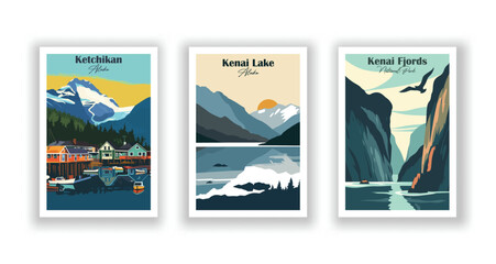 Kenai Fjords, National Park, Kenai Lake, Alaska, Ketchikan, Alaska - Vintage travel poster. Vector illustration. High quality prints