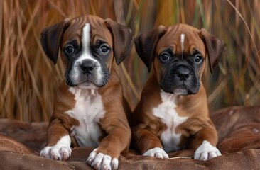 Two uk boxer puppies are laying on a bed, one on the left and one on the right