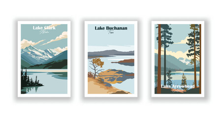 Lake Arrowhead, California, Lake Buchanan, Texas, Lake Clark, Alaska - Vintage travel poster. Vector illustration. High quality prints