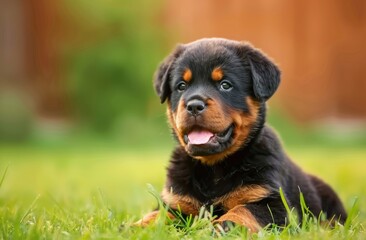 Fototapeta premium A rottweiler puppy is laying on the grass