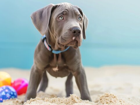 A great dane puppy is standing on the beach with a blue collar