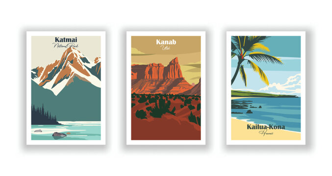 Kailua-Kona, Hawaii, Kanab, Utah, Katmai, National Park - Vintage travel poster. Vector illustration. High quality prints