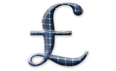 Digital composition - UK pound symbol with photovoltaic solar panels. 