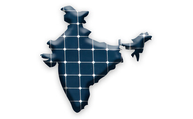 Digital composition - Map of India with photovoltaic solar panels. 