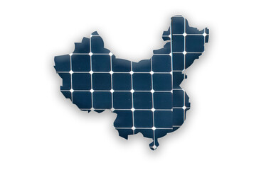 Digital composition - Map of China with photovoltaic solar panels. 