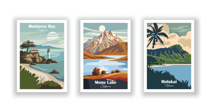 Molokai, Hawaii, Mono Lake, California, Monterey Bay, California - Vintage travel poster. Vector illustration. High quality prints
