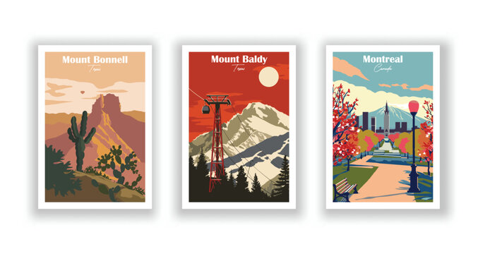Montreal, Canada, Mount Baldy, Texas, Mount Bonnell, Texas - Vintage travel poster. Vector illustration. High quality prints