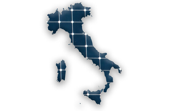 Digital composition - Map of Italy with photovoltaic solar panels. 