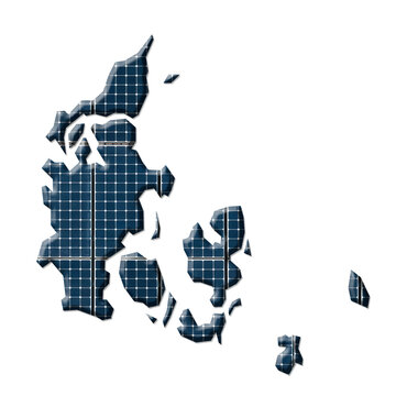 Solar energy photovoltaic panels in the shape of a map of Denmark
