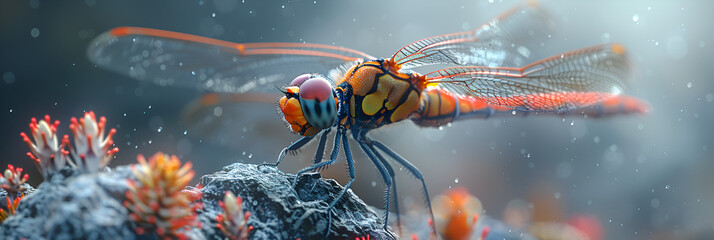 A Large Dragonfly with the Word Dragon on It,
 a dragonfly that is sitting on a rock - obrazy, fototapety, plakaty
