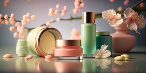 Closeup various organic cosmetic products, springtime bright background. Natural beauty care. Horizontal banner. - 788313491