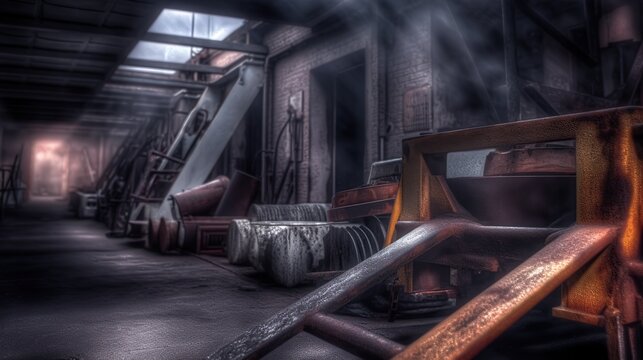 Rusty abandoned and ruined industrial background. Old weathered interior.
