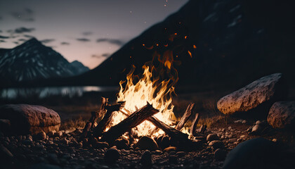 Close up campfire with bright flame. Stunning scenery mountains landscape. Outdoor background. - 788313635
