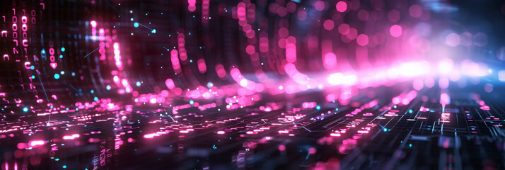 Neon, lights and cyber connection with pattern, texture and digital matrix with bokeh on abstract sound network. Energy, future technology and system information for pink particles on dark background