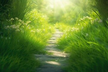 Path in green grass, sunlight. Nature background. - 788314007