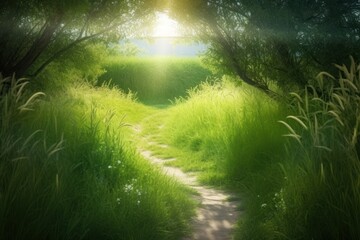 Path in green grass, sunlight. Nature background. - 788314035