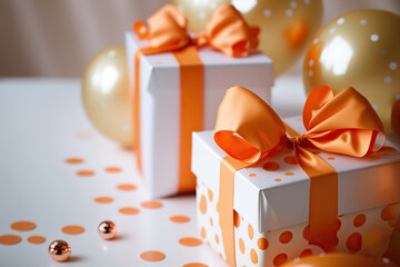 Birthday celebration concept with gift boxes, silk bows, confetti and other holiday decorative elements. Indoor blurred background with copy space. - 788314099