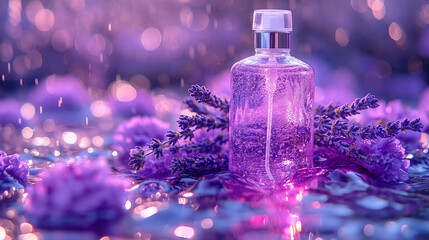 prouct photograph of a clear liquid hand soap in a glasbottle in a bathroom with lots of lavender around, crisp light, lots of lavender, evening mood, film photography, beautiful details. - obrazy, fototapety, plakaty
