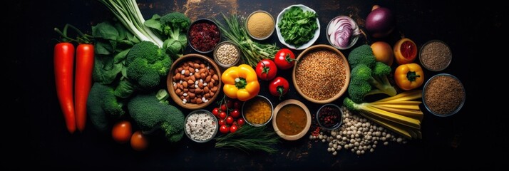 Food background. Vegetables, fruits and nuts on table.