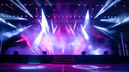 Lighting equipment on a stage. Color light. Spotlight shines on the stage, scene, and podium. Bright lighting with spotlights. - obrazy, fototapety, plakaty