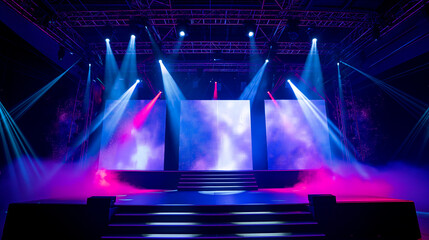 Empty stage with lighting equipment on a stage. Spotlight shines on the stage - obrazy, fototapety, plakaty
