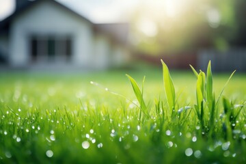 Morning dew on green grass, raindrops, lawn in front of a house. - 788314649