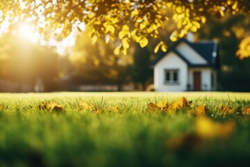 Autumn leaves on the grass in front of a house. - 788314661