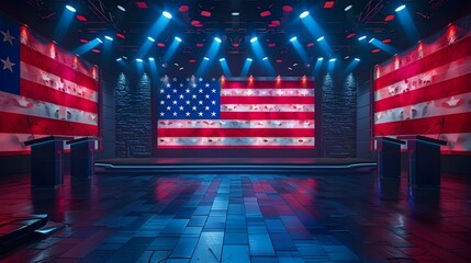 American Political Debate Stage Under Spotlight. Concept Political Debate, American Politics, Stage Setup, Spotlight Effect, Public Speaking - obrazy, fototapety, plakaty