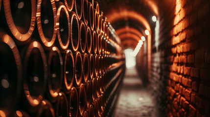 Bottles in the traditional wine cellar underground. - 788314850