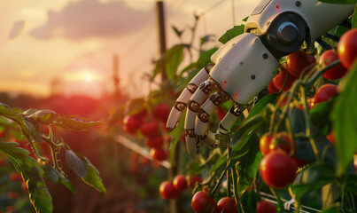 AI Agriculture, artificial intelligence help humans to grow. A robot pick tomatoes in a champ. Collaboration humanoid and humans