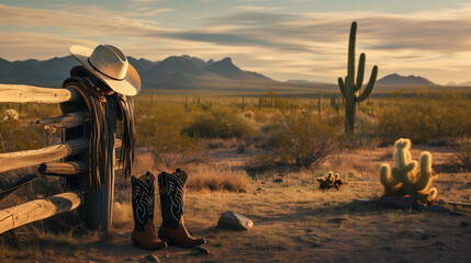 Scene with a cowboy boots and hat. Western background. - Powered by Adobe